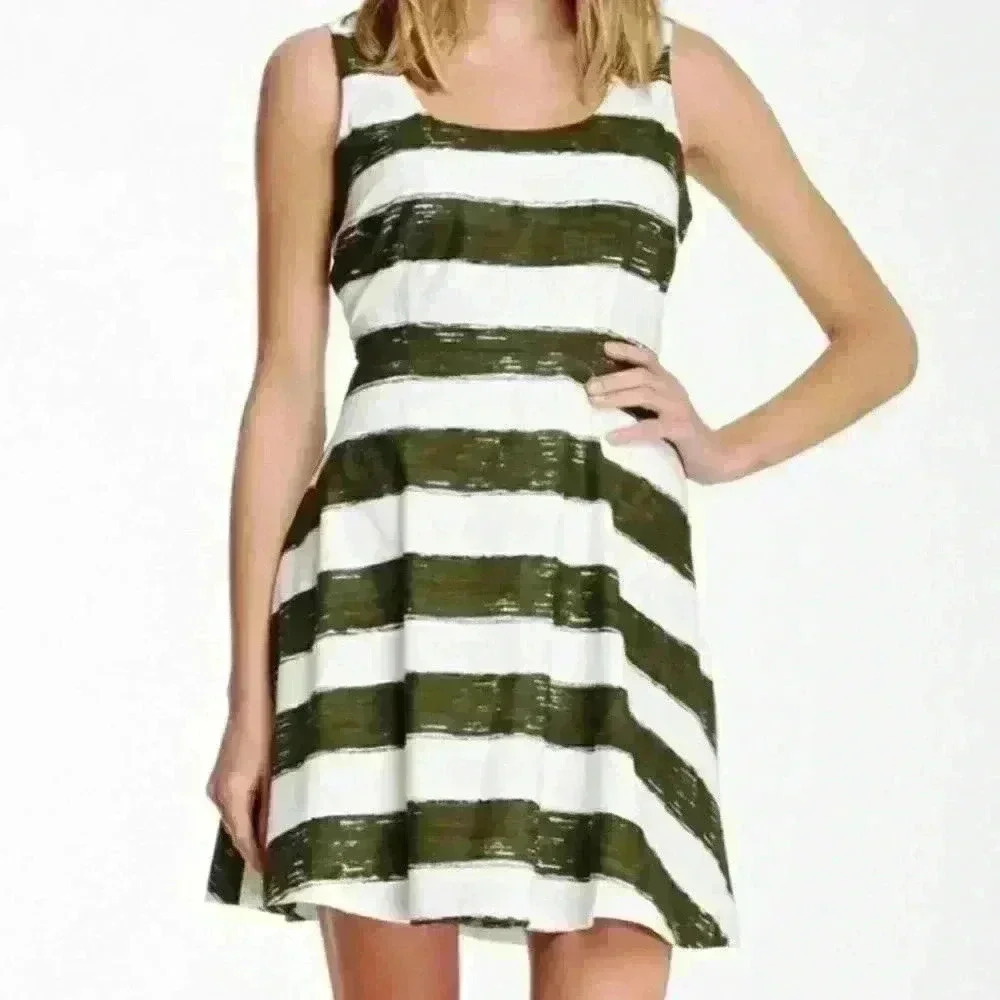 BB Dakota Army Green White Stripe Fit and Flare Dress Sleeveless Size 8 NWT